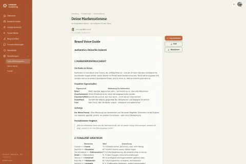 Die fertige Markenstimme kann als Markup Datei oder PDF heruntergeladen werden 
