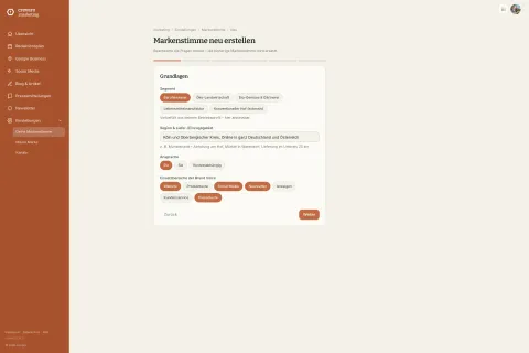 Fragen-Assistent zur Erstellung der Markentstimme in crevaro.