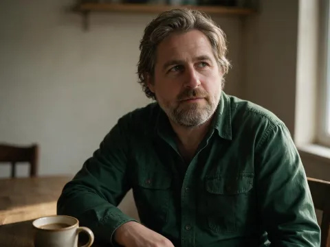 Sebastian Klein sitzt an einem Holztisch am Fenster, eine Tasse Kaffee vor sich